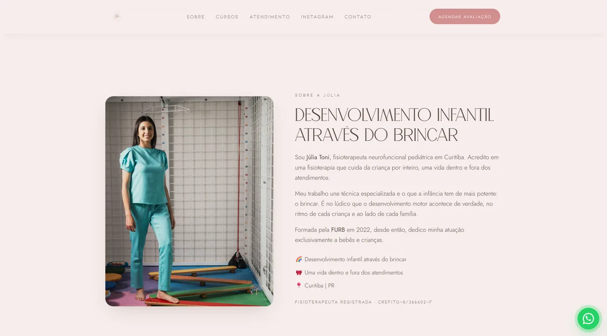 Seção Sobre, com a apresentação da fisioterapeuta