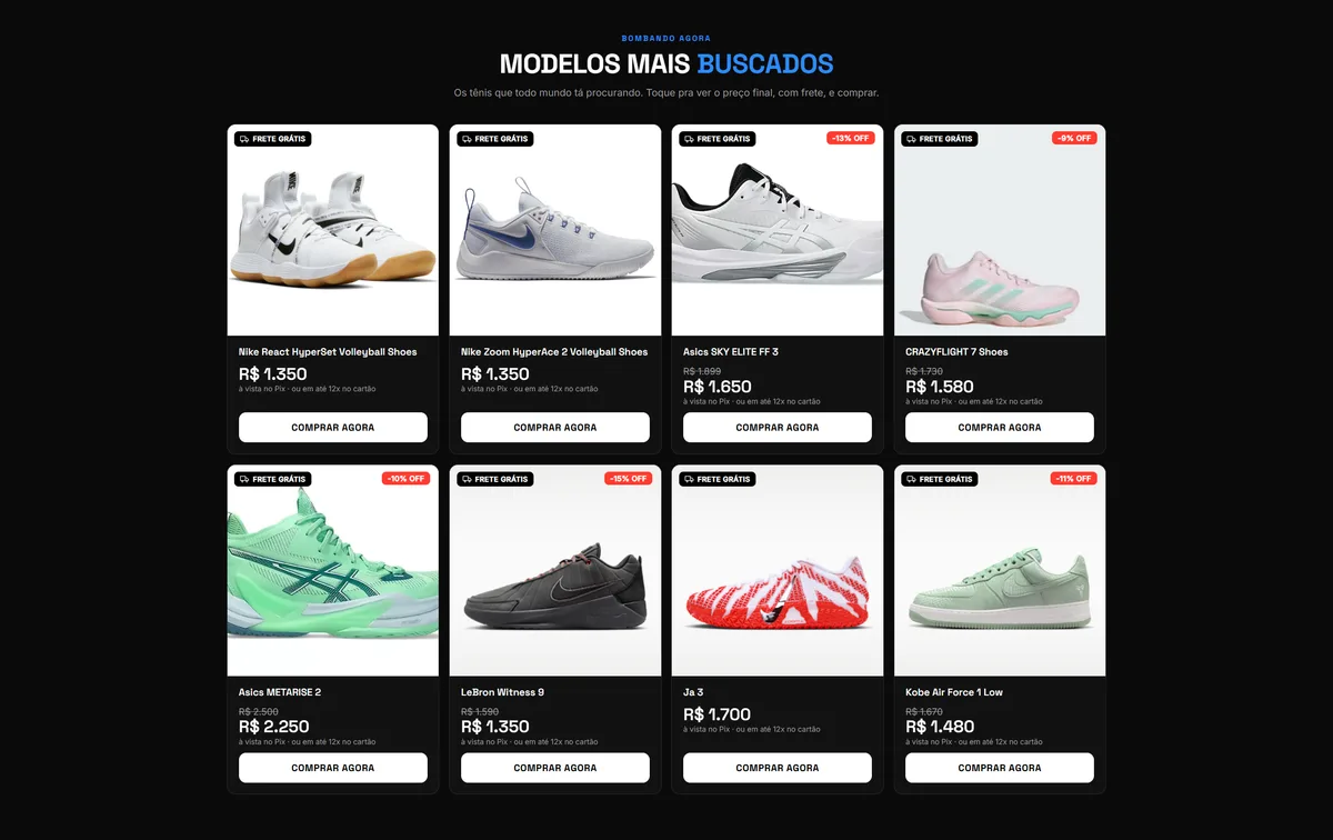 Seção de modelos mais buscados, com preço e frete por item